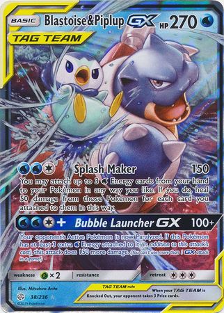 38/236 Blastoise & Piplup Gx Tag Team Ultra Rare Cosmic Eclipse - The Feisty Lizard