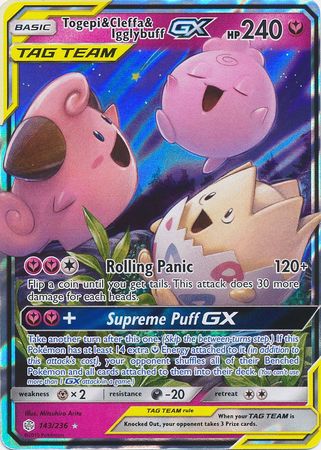 143/236 Togepi & Cleffa & Igglybuff GX Tag Team Ultra Rare Cosmic Eclipse - The Feisty Lizard